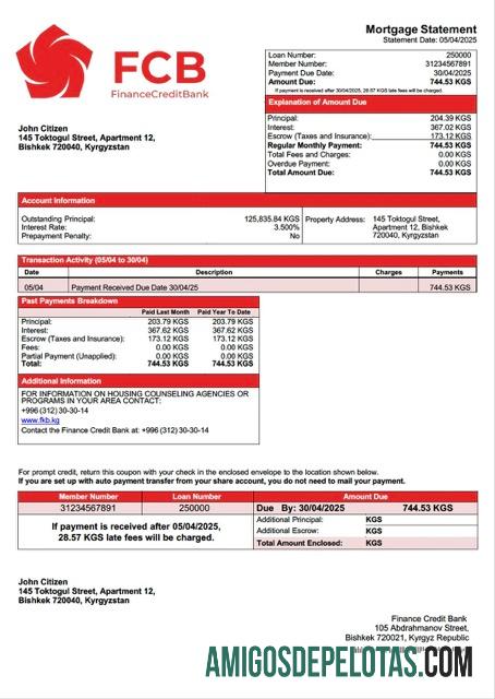 imprimível Modelo Word e PDF de extrato de hipoteca de banco de crédito financeiro do Quirguistão